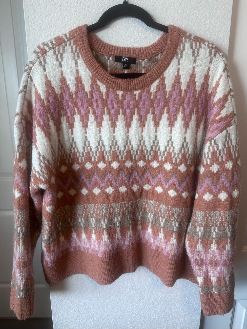 FRYE Fair Isle Southwestern Geometric Knit Sweater Pink Cream XL